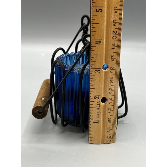 Cobalt Blue Glass Candle Holder With Iron Holder Wood Handle Primitive Look 4.5" - Picture 2 of 15
